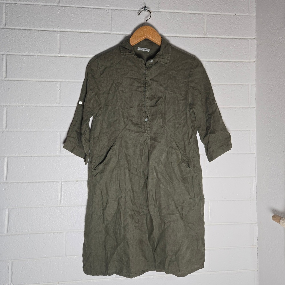 Elena Baldi Linen Tunic Dress Medium Olive Green Italy Lagenlook Shell Bohemian